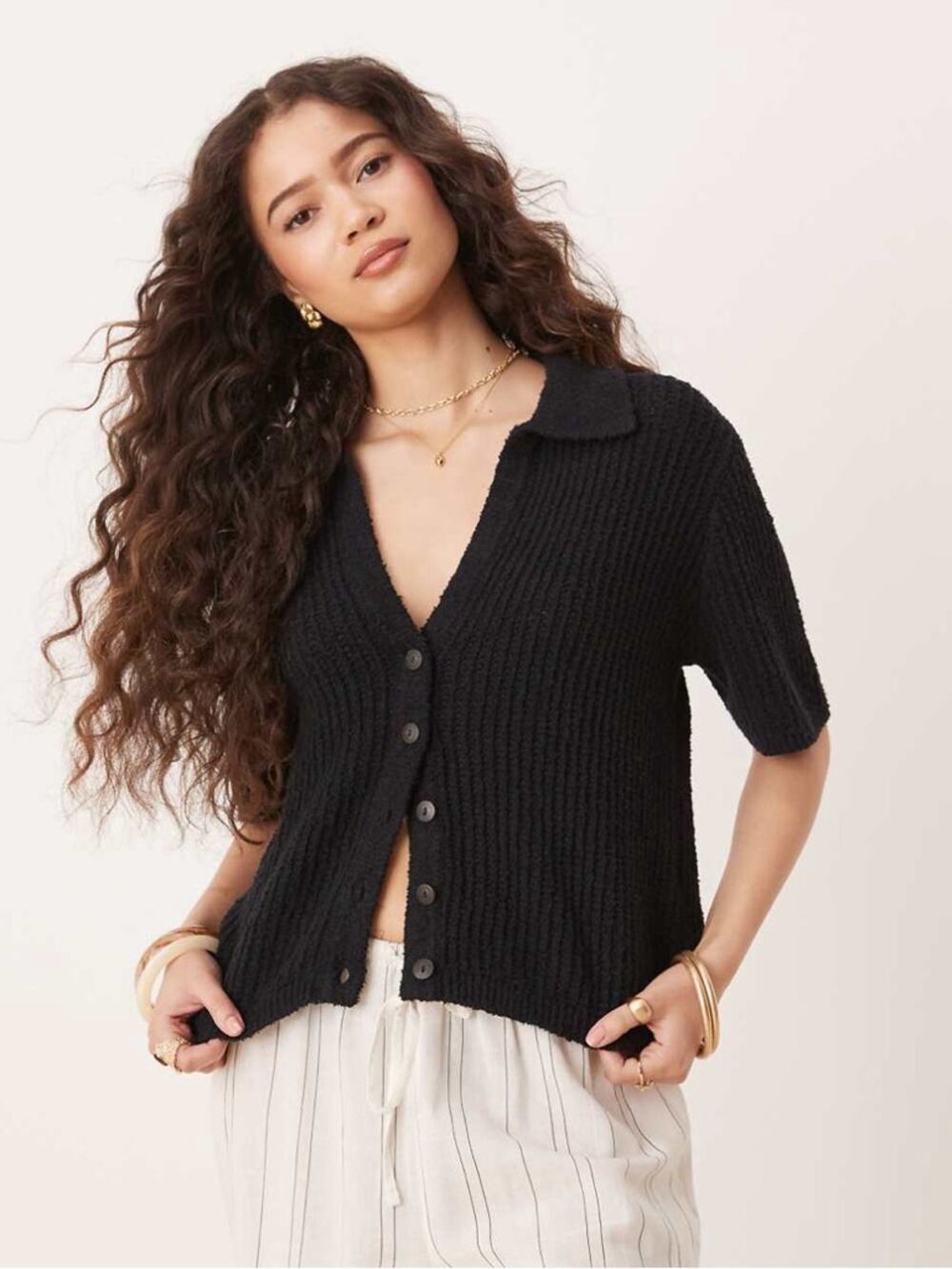 New $65 Abercrombie & Fitch Black Short Sleeve crochet cardigan Sweater S NWT